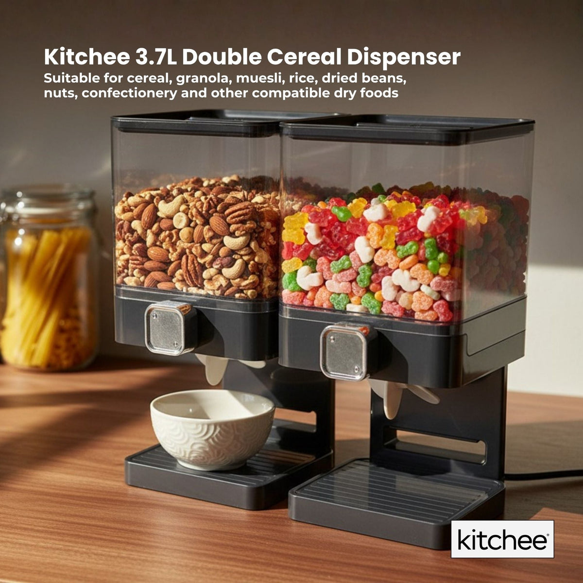 Kitchee 3.7L Double Cereal Dispenser Countertop Rice or Grain Storage Black
